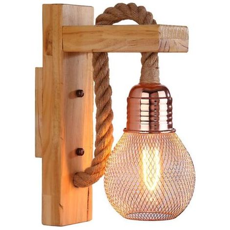 Applique murale LED en corde de chanvre industriel / Lampe en bois, douille E27, rose (1/5)
