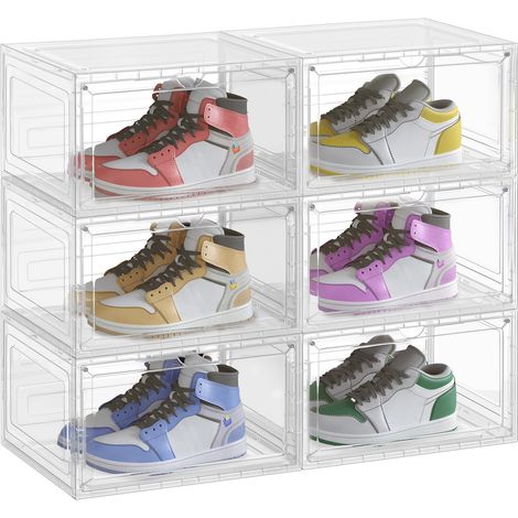 Boîtes à Chaussures Lot de 6, Rangement pour Chaussures, en Plastique, avec Porte, Empilable, 33 x 28,5 x 19,2 cm, jusqu'à la Pointure 46, Blanc Transparent LSP506W01 (1/5)