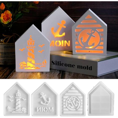 4 Stück Silikonformen Gießformen Häuser – 3D Deko Silikonform Haus, Leuchtturm & Anker Set für Resin, Kerzen, Gips & Bastelarbeiten