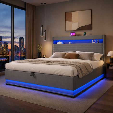 Cama tapizada 180x200 cm con almacenaje hidráulico, iluminación LED regulable, puerto USB-C en el cabecero y diseño acolchado en tela gris - CHICFURN (1/5)