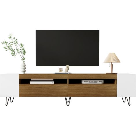 Moderno mueble de TV de 180 cm con patas de hierro blanco y compartimentos laterales abiertos para guardar y organizar objetos en el salón o espacios similares. (1/5)