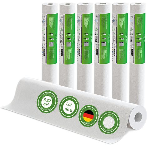 Veluxis® Papier peint intissé 10,05 m x 0,53 m - (papier peint à copeaux de bois, lot de 6) - à peindre, respirant et de haute qualité - revêtement mural fabriqué en Allemagne