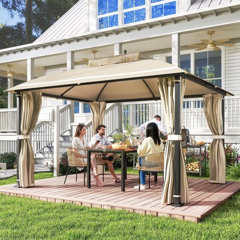 Carpa para Jardín con Techo Doble Cenador con Mosquiteras y Cortinas para Exterior Terraza 370x303x290 cm Beige (1/5)