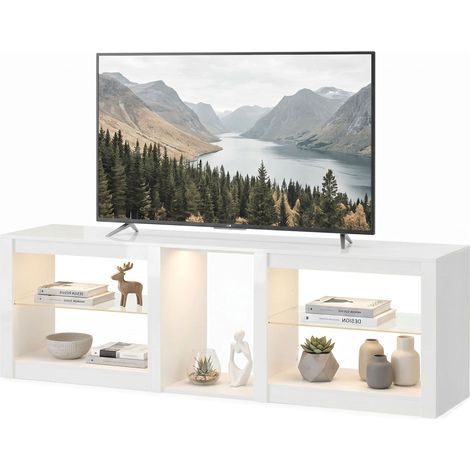Meuble TV avec éclairage LED RGB, meuble TV moderne avec étagères en verre réglables, pour téléviseurs jusqu’à 75 pouces, blanc (1/5)