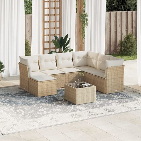 Ensemble Salon Jardin 8 Places Résine Tressée Beige avec Coussins - Table Verre Trempé - Meuble Extérieur Modulaire (1/3)