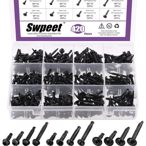 Lot de 420 vis autoforeuses auto-perceuses tête cylindrique et plate en acier inoxydable 410 - Noir - 3 types de tête 8 (1/5)