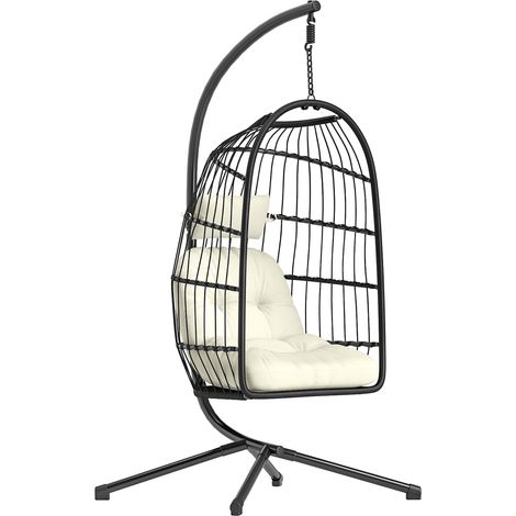 Outsunny Hanging Egg Chair, Outdoor Swing Chair with Stand, Black/Cream