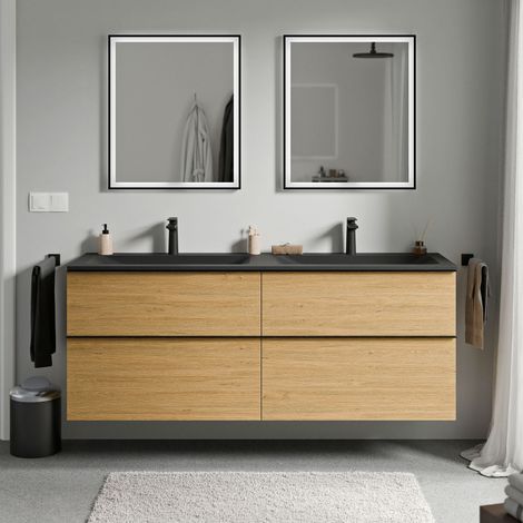 Badmöbel Unterschrank Bernstein LAVOA 160cm mit Mineralguss Waschbecken CREAM Badmöbel: Eiche Honiggold, Metallgriff: Chrom, Waschbecken: Schwarz matt mit Hahnloch