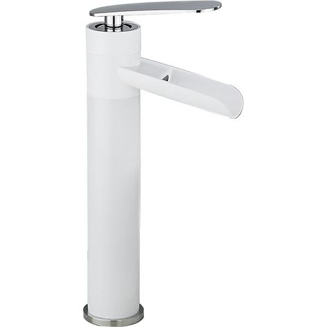 Grifo de baño de un solo orificio con grifo de agua fría y caliente, blanco y plateado, grifo de lavabo de baño alto de un solo orificio (1/5)