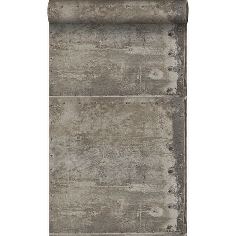 papier peint grandes plaques métalliques rouillées, vieillies, altérées et touchées par les intempéries avec des rivets gris industriel - Origin Wallcoverings (1/5)