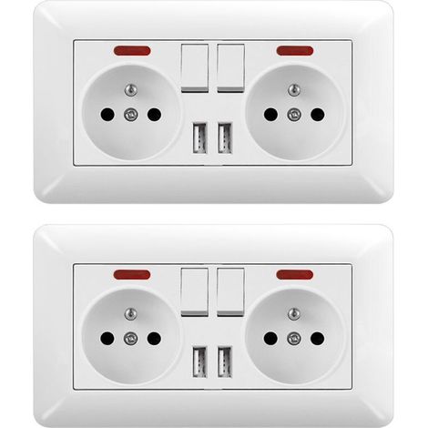Lot de 2 Prise Électrique Murale Double 16A – Double Interrupteur avec LED et 2 Ports USB, Prise Encastrable 240V pour Maison et Bureau (1/4)