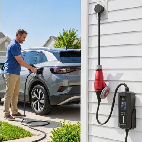 Wallbox mobile 11 kW 8 m Type 2 6-16 A 3 fasi con potenza regolabile e avvio ritardato OKMYHOME