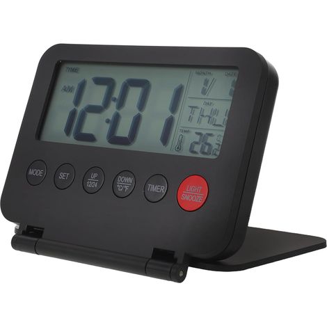 Horloge de Chevet Noire Multifonctionnelle en Plastique avec Éclairage Intégré et Affichage Digital, Réveil Analogique Compact pour Bureau et Déplacements (1/5)