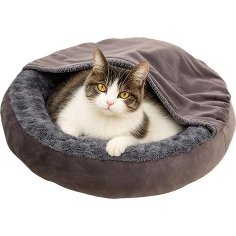 Petit pour Chien, Lit pour Chat avec Couverture à Capuche, Lit Rond en (1/5)