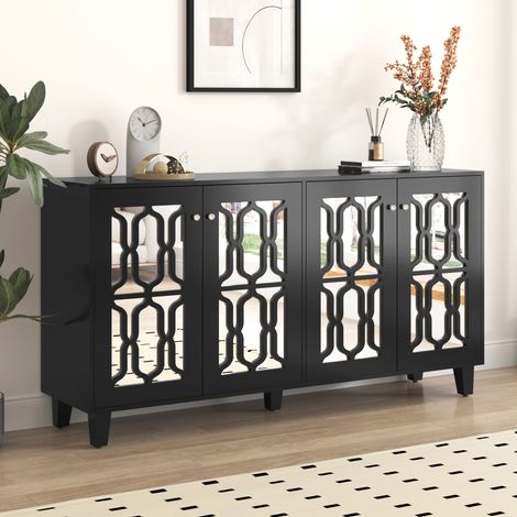 Comanlai - Buffet Enfilade Noir Miroir 4 Portes 160 cm - Meuble de Rangement Salon avec Poignées Cristal (1/5)