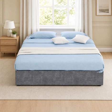Cama 140x200 con somier de láminas y pistones de gas, terciopelo gris DESVIAE (1/5)