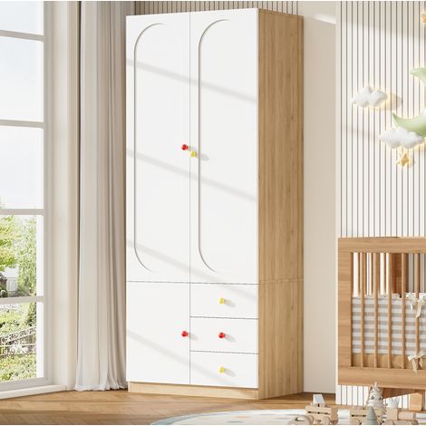 MODFU – Armadio per bambini 80x50x200 cm in MDF con 2 ante, 3 cassetti, appendiabiti, maniglie in ceramica e anti-ribaltamento – Bianco (1/5)