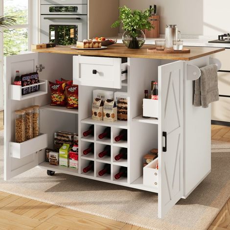 Îlot de cuisine mobile avec plateau rabattable, rangements et finition bois