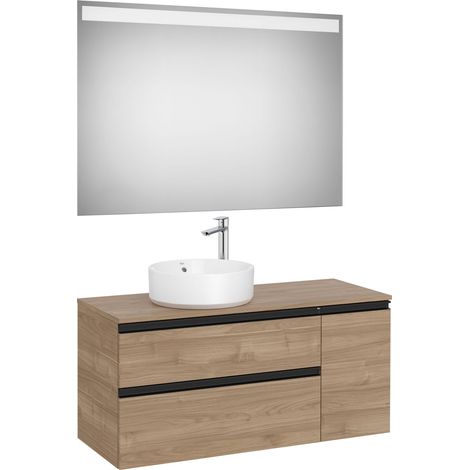 Pack meuble "The gap" 1100 pour vasque à gauche - 2 tiroirs + 1 porte + plan + miroir LED - noyer/poignées noires - Roca (1/2)