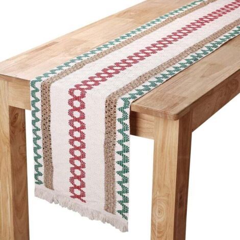 BUNTHAUS PA Chemin de Table en Lin Coton et Toile de Jute Macramé avec Glands Décoration Mariage Fête Maison 30x275 cm (1/4)