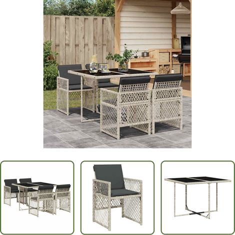 vidaXL Gartenstuhl -  5-tlg. Garten-Essgruppe mit Kissen Hellgrau Poly Rattan (1/5)