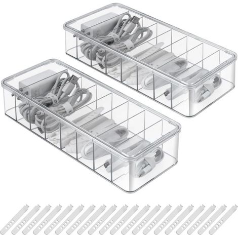 2 Pièces Boîte de Rangement pour Câbles 8 Compartiments Boîte de Câbles Transparent avec 20 Attaches de câbleBoîTe de Rangement Multi-Grilles avec Couvercle pour Maison, Bureau (1/4)