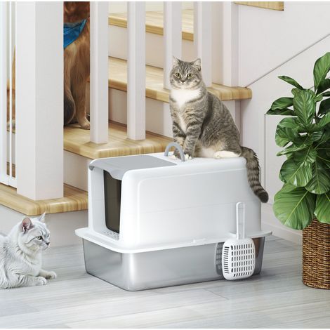 Katzentoilette mit Deckel, Edelstahlschale, Schaufel, für Katzen bis 6 kg, Weiß (1/5)