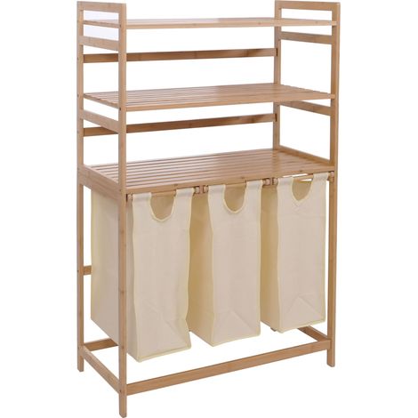 Cesto para la ropa de bambú HHG-018, cesto clasificador de ropa, estante organizador de ropa, 3 bandejas, MVG 125 x 80 x 40 cm, 135 l, color crema