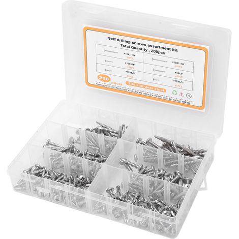 Lot de 200 vis autoperceuses tête fraisée cruciforme en acier inoxydable 304, assortiment de tailles pour fixation universelle (1/5)
