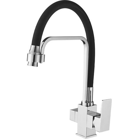 Robinet de cuisine 3 voies à ressort hélicoïdal rotatif à 360° avec douchette extensible, mitigeur 3 en 1 pour filtre à eau (3 voies (02), carré) (1/5)