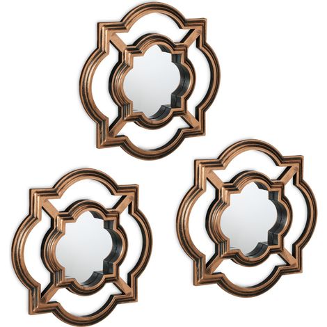 Relaxdays Set of 3 Mirrors, 25.5 x 25.5 cm, Wall Mounted, Plastic Frame, Vintage Style, Bedroom & Hallway, Gold/Black (1/5)