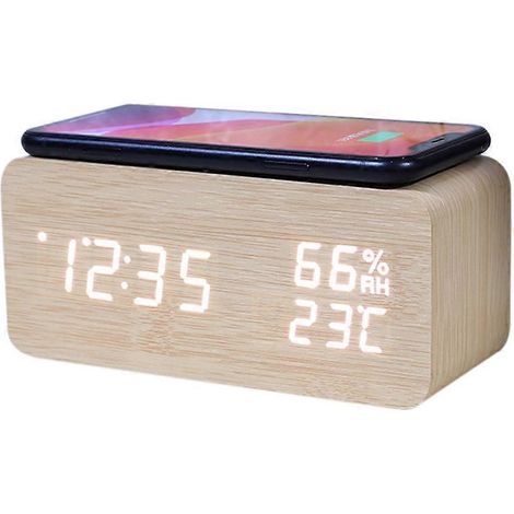 Réveil numérique, chargeur sans fil pour smartphone à LED (couleur bois) -- (1/5)