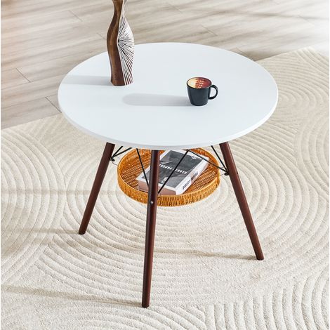 Mesa de comedor redonda Ø 80 cm, tablero MDF blanco, patas de madera color nogal DESVIAE (1/5)