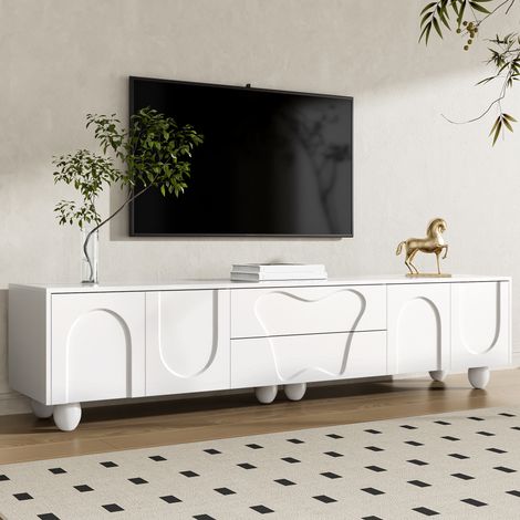 Meuble TV 180cm blanc avec 4 portes cintrées et 2 tiroirs, 6 Pieds boules en bois,Style minimaliste et élégant (1/5)