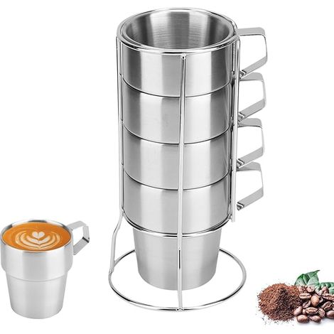 Tasses Acier Inoxydable 300ml tasse a cafe Tasses à Café Espresso Tasse à Café Double Paroi Tasse à Boire Métal Empilables Support Camping Extérieur (1/5)
