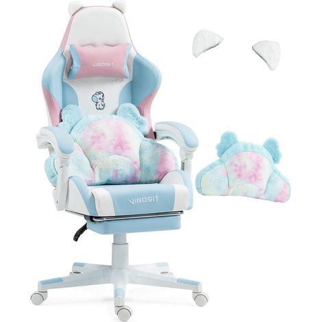 Gaming Stuhl Kawaii Ohren Lendenwirbelstütze Fußstütze Bluepink (1/5)