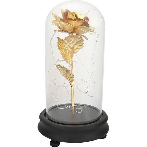 Rose En Or 24k - Lumière Led Intégrée - Couvercle En Verre Amovible - Socle En Bois - Décoration De Mariage - Cadeau De Saint Valentin - Unité (1/5)