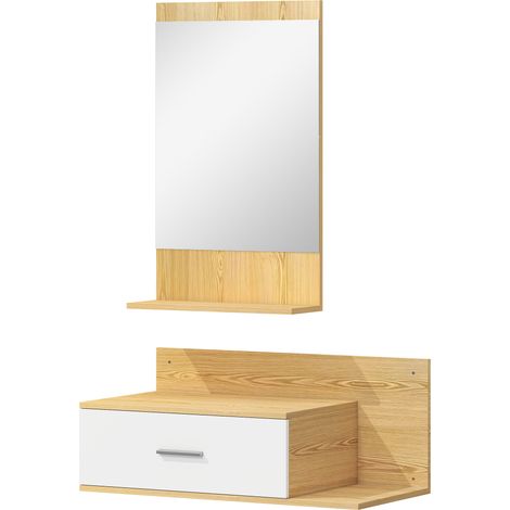 Set Mobili da Ingresso con Specchio Mensola e Mobiletto a Parete in Legno e Vetro Naturale (1/5)