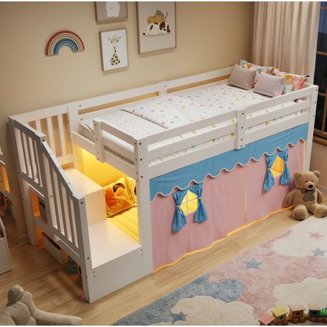 Halbhohes Bett 90x200 cm Weiß aus Kiefernholz und MDF mit Verdunkelungsvorhängen, LED-Lichtleiste und Stauraum (1/5)