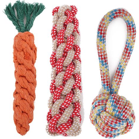 Hundekauspielzeug-Set, 3-teilig, geflochtenes Baumwollseil mit Ball- und Karottenmotiv, 18–22 cm lang, interaktives Trainingsspielzeug, fördert das Zähneknirschen. (1/4)