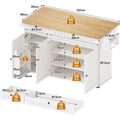 Îlot de cuisine avec plan de travail rabattable, meuble de cuisine sur 6 roulettes freinables, avec étagère, rangement de porte, 2 grands tiroirs et placard, blanc, 137 x 89,5 x 45 cm (1/5)