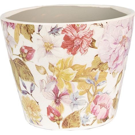 Cache-pot en Céramique Beige Motif Fleurs Roses et Feuilles Vertes Ø 12 x 10 cm Intérieur - PANGIVO