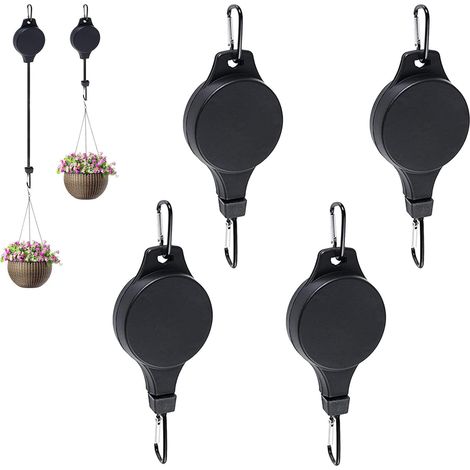 Support pour plantes suspendues rétractable avec système de poulie, permettant de monter et descendre facilement les plantes, les jardinières suspendues et les mangeoires à oiseaux (lot de 4, noir) (1/5)