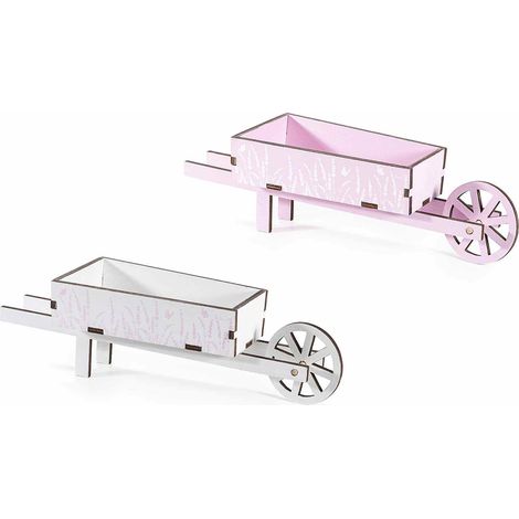 Brouettes décoratives en bois coloré avec décors floraux, lot de 4, 31,5 x 9,5 x H. 9 cm