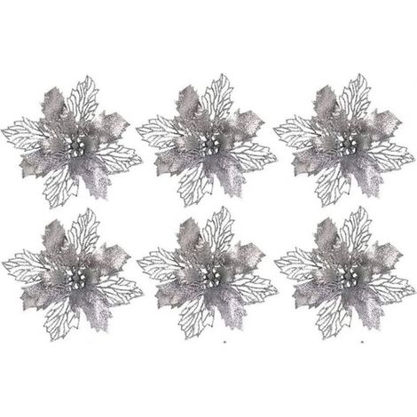 Fleur Artificielle De Noel - 15 x 15 cm - Argent - Pour Décoration Intérieure Et Événements - Lot De 6 (1/5)