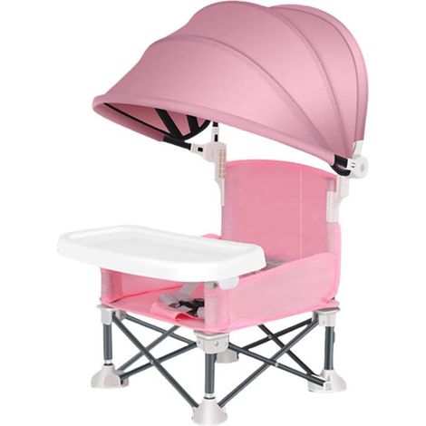Chaise Enfant Plage Bébé Alimentation Pliable pour Camping Siège Rehausseur Pliable avec Parasol & Plateau Amovible (Rose) (1/5)
