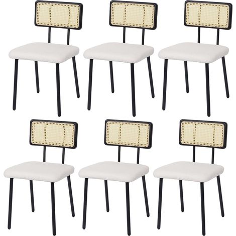 [NEUWERTIG] 6er-Set Esszimmerstuhl HHG-707, Lehnstuhl Stuhl, Holz Poly-Rattan Metall Bouclé Stoff/Textil weiß