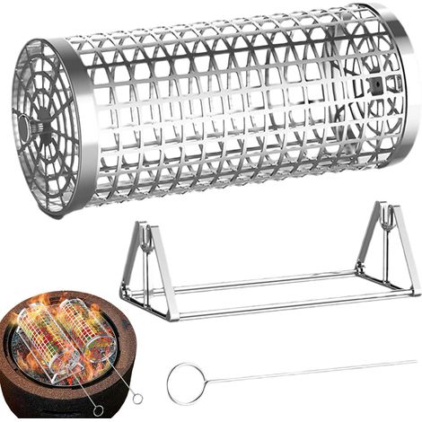Ensemble de panier barbecue à roulettes, grille cylindrique robuste, idéal pour le camping en plein air. (1/5)