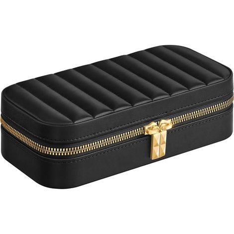 JBC180B01 Reise-Schmuckkästchen, kleiner Schmuckorganizer mit Spiegel, 10,5 x 20,5 x 6 cm, PU-Oberfläche mit Ziernähten, tragbar, Reißverschluss, Geschenkidee, Schwarz