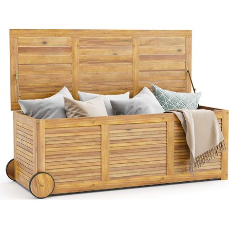 COSTWAY Outdoor Storage Box 180L Acacia Wooden Patio Storage Deck Box with 2 Wheels (1/5)